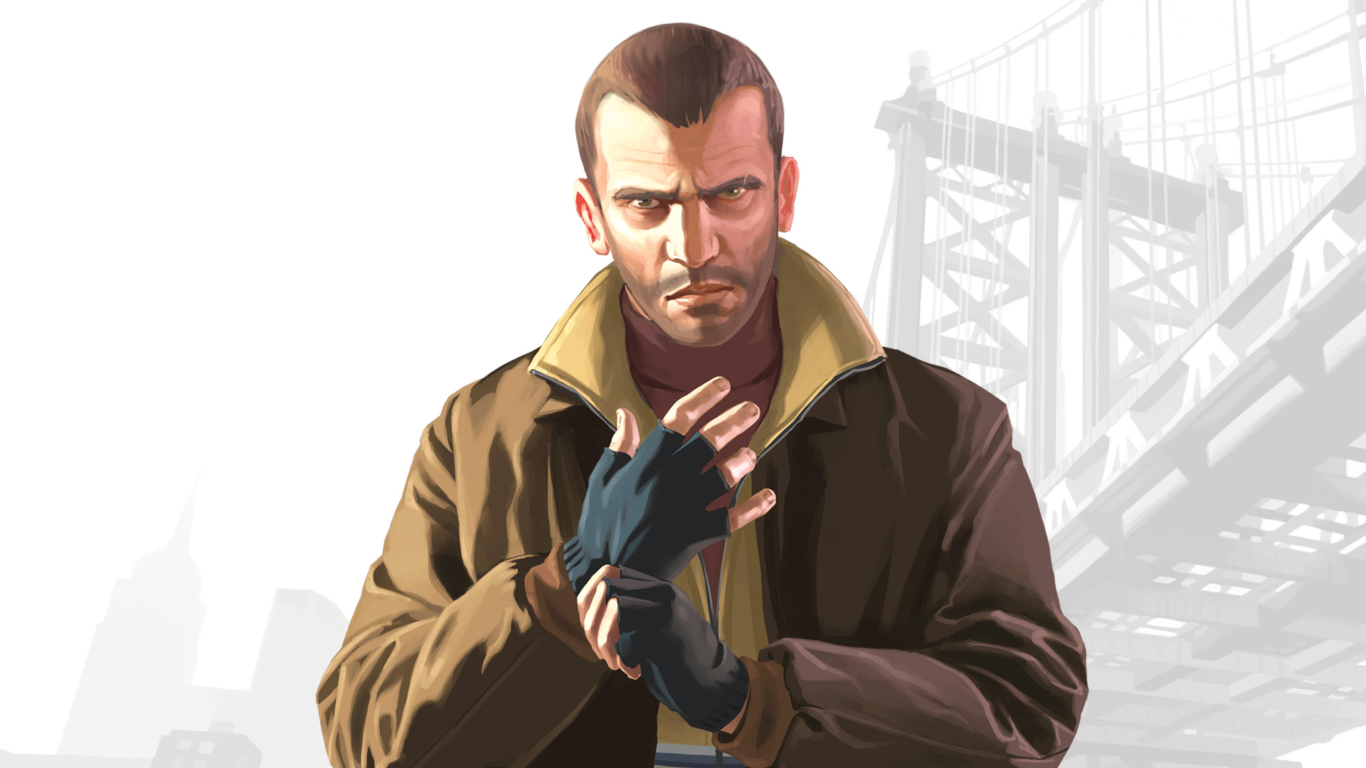 Official GTA IV artwork of Niko Bellic pulling on his gloves in front of Liberty City