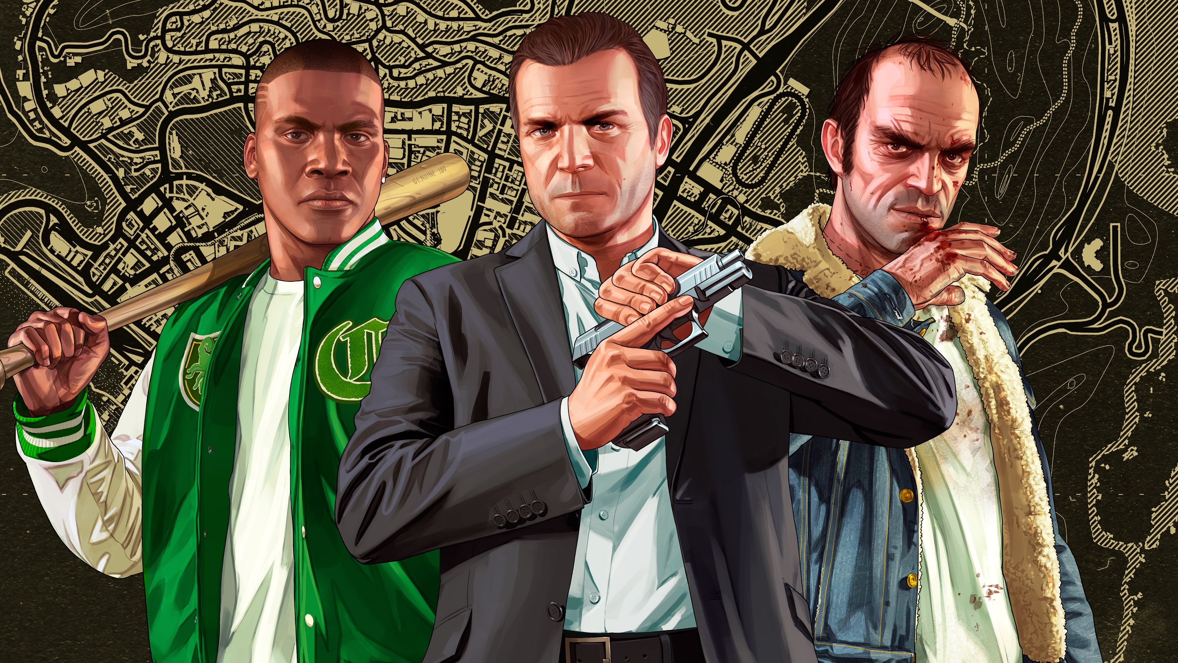 Official GTA V artwork of Franklin, Michael and Trevor against a map of Los Santos