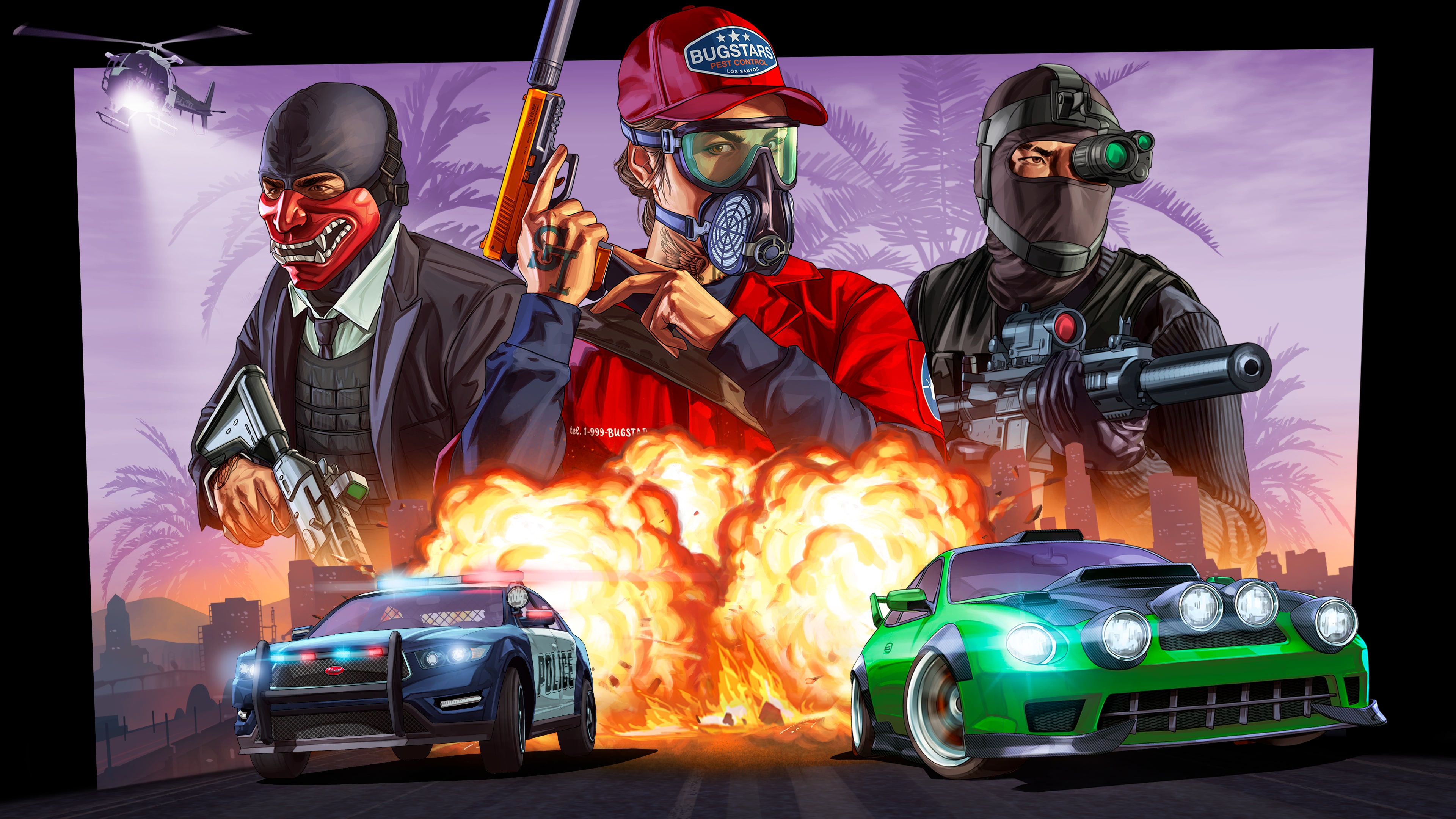 Official GTA Online artwork showing a masked heist crew, a police car and a green sports car