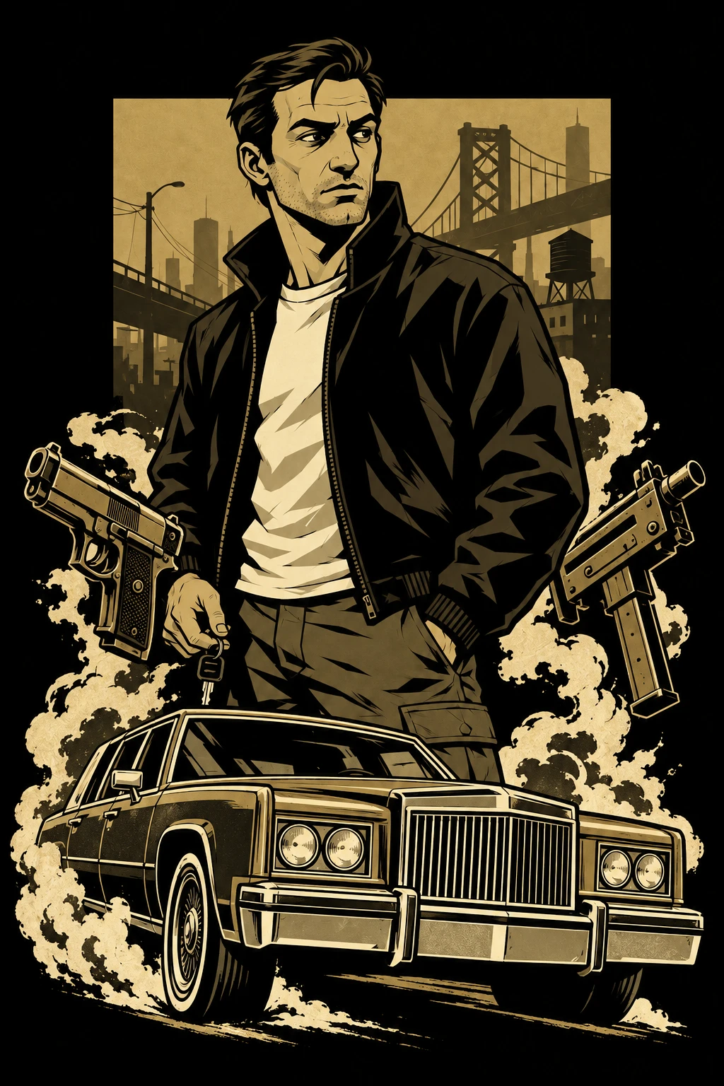Original gold-and-black tribute montage of a fictional character, classic sedan and illustrated guns against a Liberty City-inspired skyline.